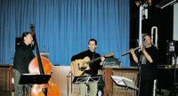 drei Musiker spielen vor einem blauen Vorhang, Quelle: DTF