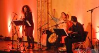 zwei sitzende Musiker und eine stehende Sängerin auf hell orange beleuchteter Bühne, Quelle: DTF