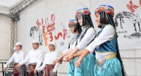 tanzende Mädchen und Jungs in traditioneller Kleidung auf Bühne vor Banner des Kinderfests, Quelle: DTF