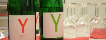 zwei grüne Weinflaschen auf roten Servietten neben auf den Kopf gestellten Weingläsern