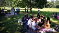 Zwei große Menschengruppen picknicken auf einer Wiese, im Hintergrund ist ein großer Baum zu sehen, einige Personen stehen., Quelle: DTF Stuttgart