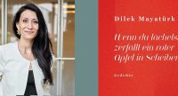 Ein lächelndes Fotoporträt von Dilek Mayatürk & der rote Cover ihres Buches „Wenn du lächelst, zerfällt ein roter Apfel in Scheiben“ mit weißer Titelschrift, Quelle: Literaturhaus Stuttgart, Fotograf/in: Julia Baier
