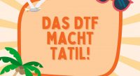Sonnenbrille, Seemöve und Palme umrahmen einen Schriftzug., Quelle: DTF Stuttgart