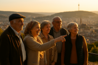 KI generiertes Bild einer Gruppe älterer Mensche, die auf Stuttgart im Sonnenuntergang schaut, Quelle: ChatGPT