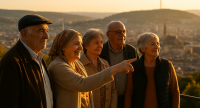 KI generiertes Bild einer Gruppe älterer Mensche, die auf Stuttgart im Sonnenuntergang schaut, Quelle: ChatGPT