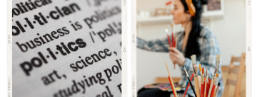 Ein Mädchen malt auf einem Canvas und und das Wort Politik in Großaufnahme auf einer Zeitung