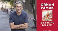 Orhan Pamuk links, rechts das rote Buchcover seines Romans, Quelle: DTF Stuttgart