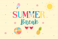 Pastelgelber Hintergrund mit buntem Schriftzug "Summer Break" mit Eis am Stiel, Sonnenbrille, Wasserball, Ananas, Sonne und bunten Punkten., Quelle: DTF