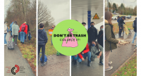 Collage mehrerer Bilder aus dem Video, auf denen Teilnehmende Müll sammeln bzw. für ein Gruppenbild posieren, Quelle: DTF